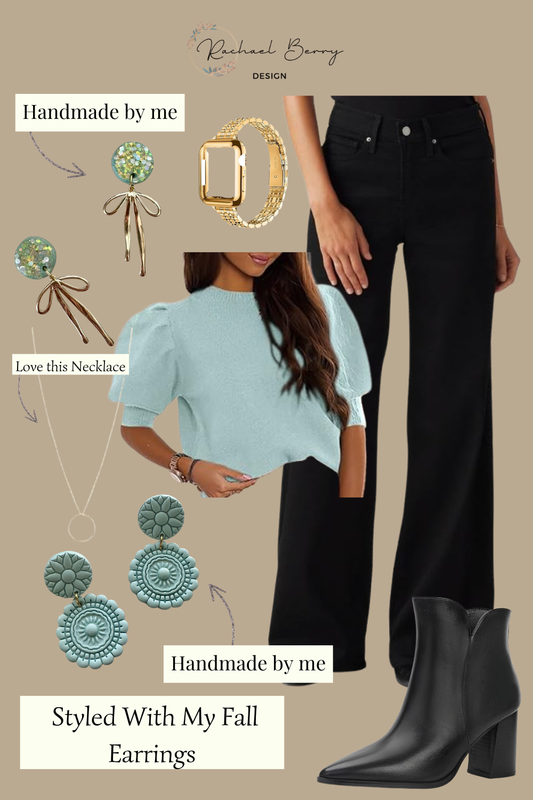 Polished Winter Style: Soft Blue, Black Basics & Handmade Statement Earrings
